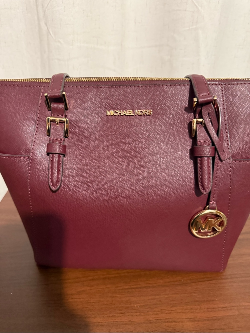Michael Kors Burgundy Saffiano Leather Tote with Gold Hardware
